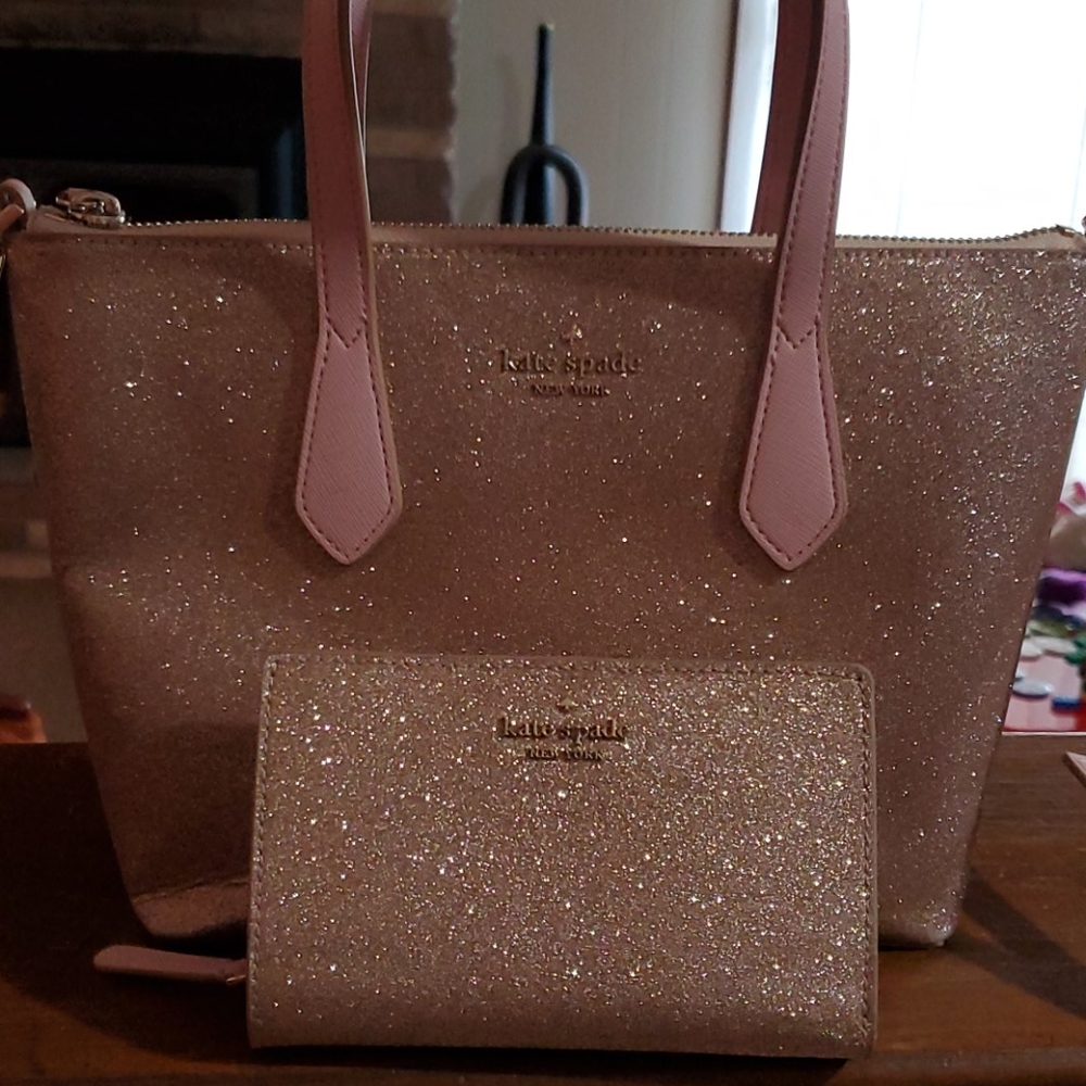 Kate Spade Glitter Rose Gold Purse and Wallet